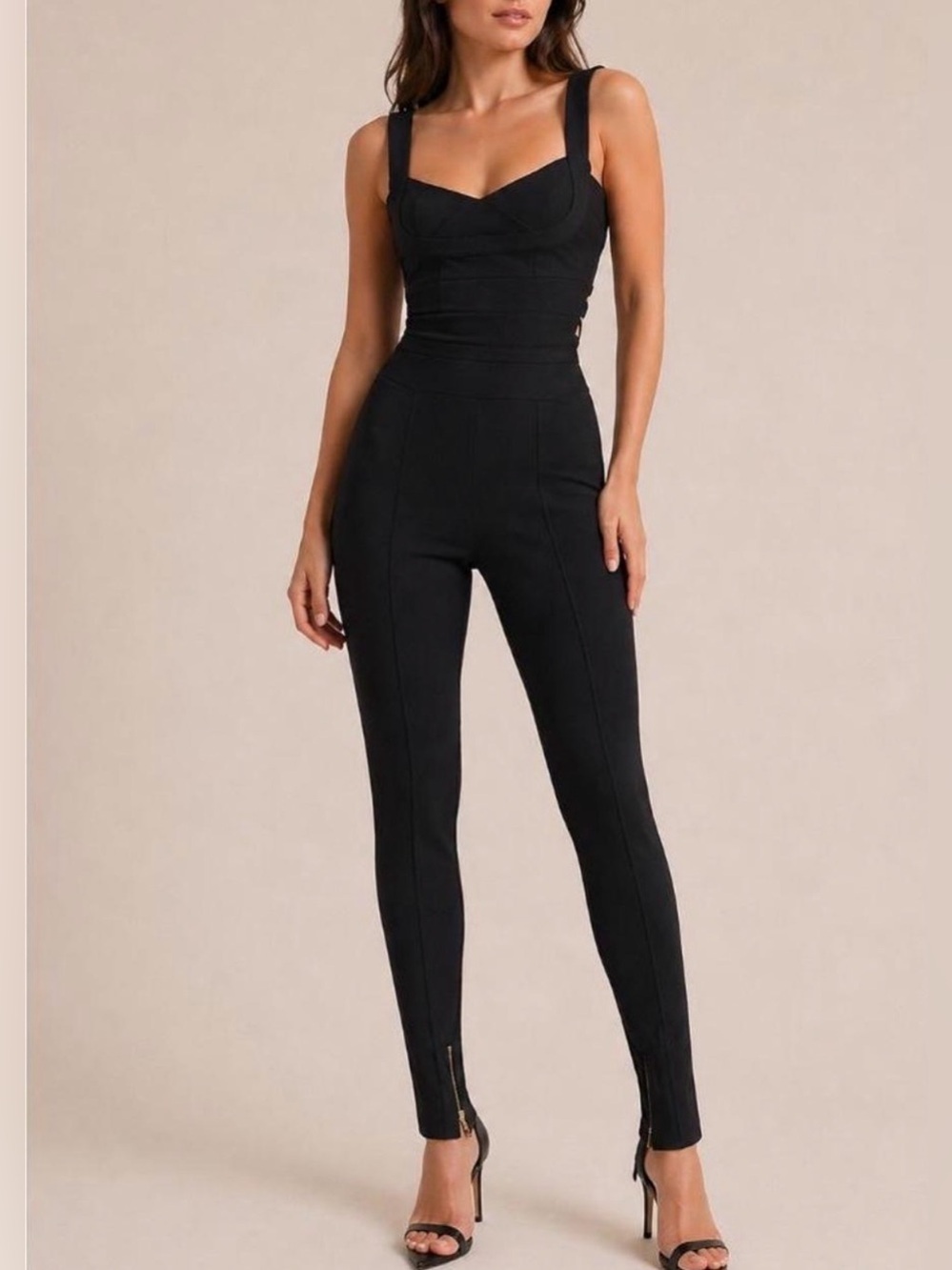 Bella Barnett black bandage jumpsuit, sweetheart neckline, gold hardware, sz L